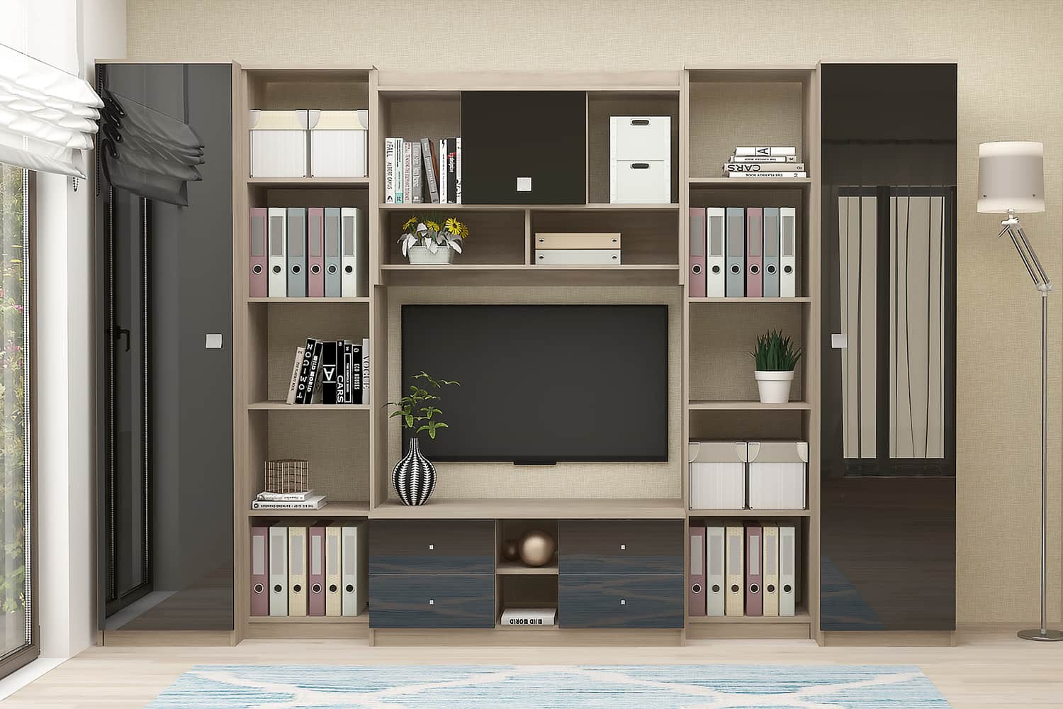 Biblioteca MODUS 290, PAL Oak, MDF Negru Gloss