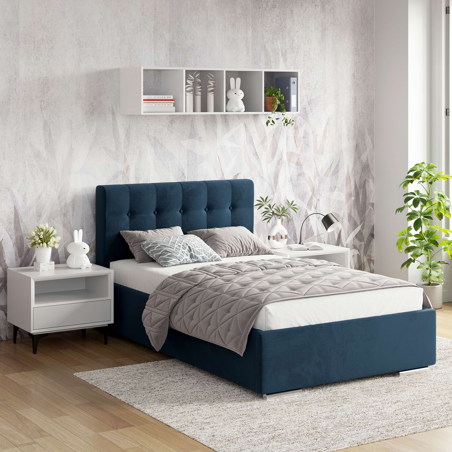 Pat tapitat copii GEORGIA Clasic, 90x200, H107, somiera, Catifea Albastra