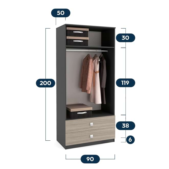 Dulap depozitare haine LINEA 90, A52, H200, 2U-151, 2S BU, Antracit, Alb, dimensiuni