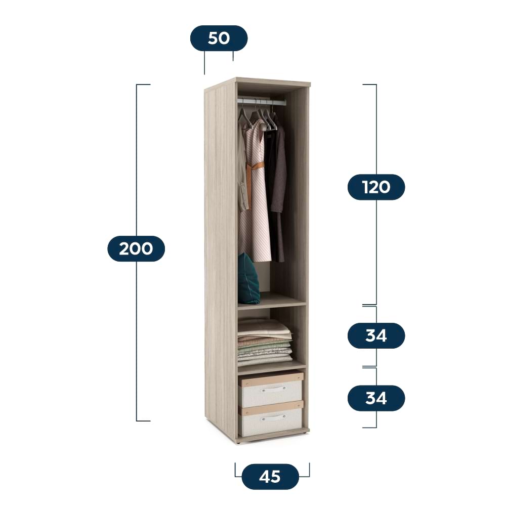 Dulap haine 1 usa, polite, bara umerase, PRIMAVERA 45x50x200cm