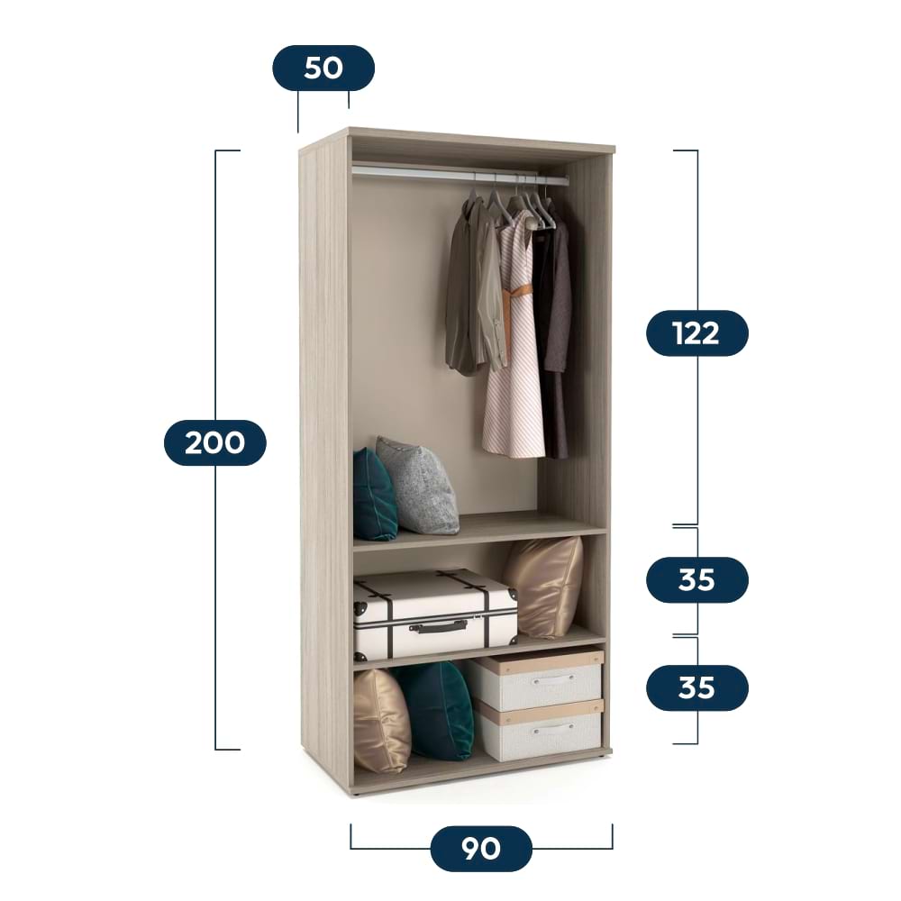 Dimensiuni Dulap haine 2 usi, polite, bara umerase, PRIMAVERA 90x50x200cm