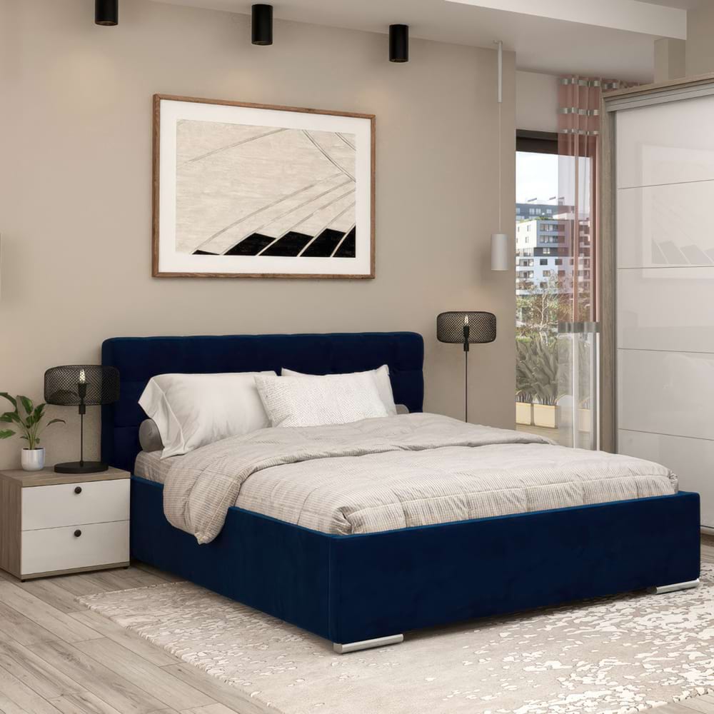 OFERTA Dormitor GEORGIA 1, Oak, Alb Gloss, Catifea Albastra cu saltea inclusa