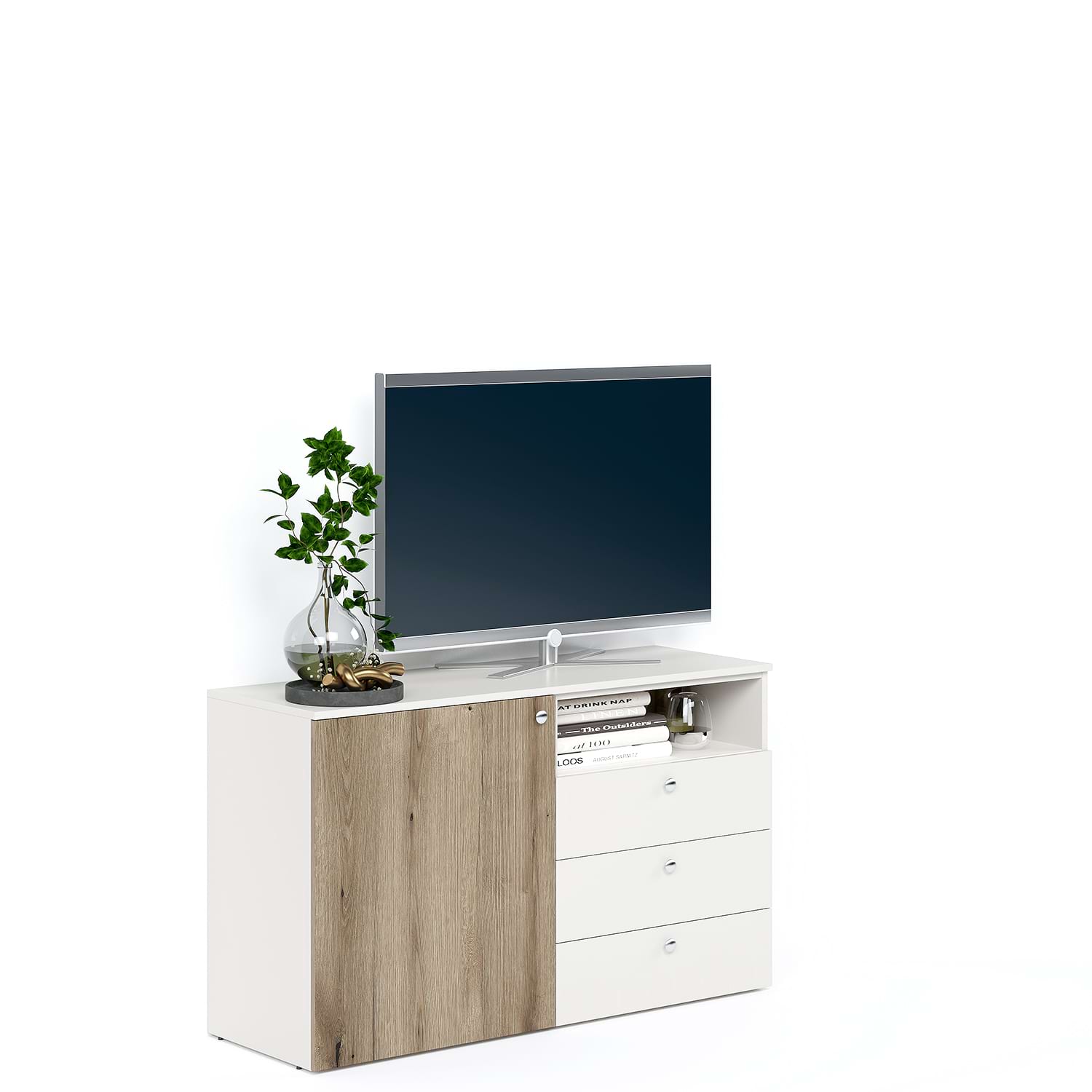 Comoda ARONA 120, A42, H74, 1U3S, Alb Portelan, Stejar