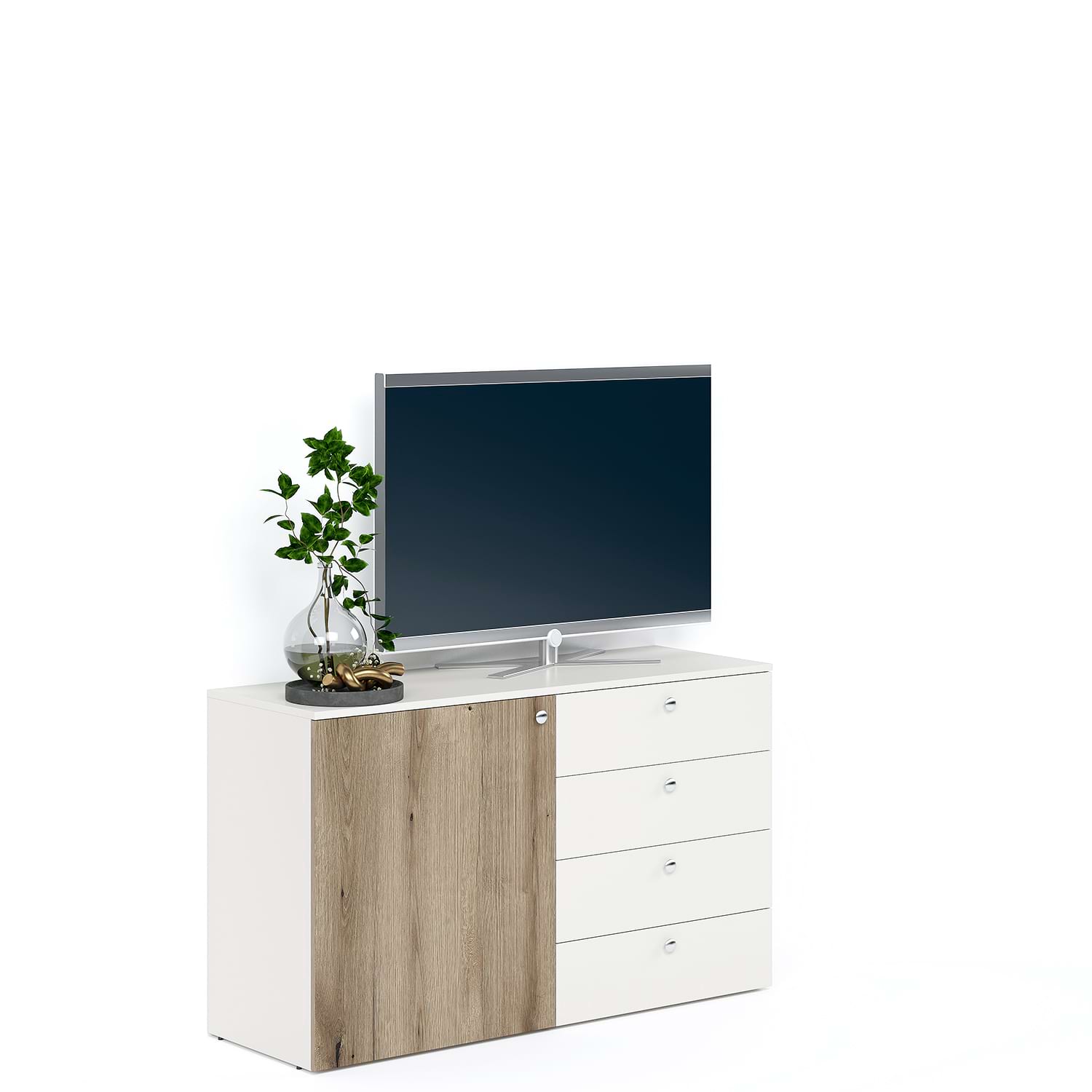 Comoda ARONA 120, A42, H74, 1U4S, Alb Portelan, Stejar