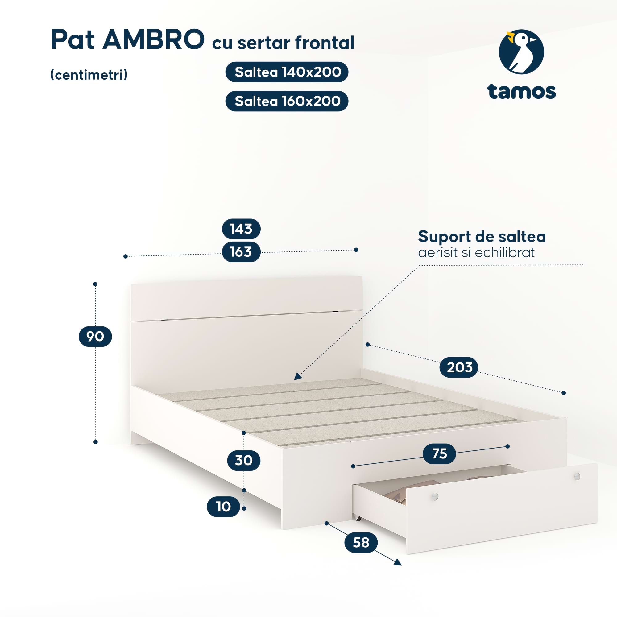 Dormitor ARONA 1, pat matrimonial cu sertar frontal, Alb Portelan, Oak - 1