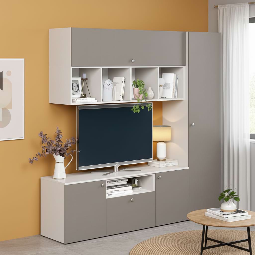Mobilier Living ARONA B 195, A42, H195, Alb Portelan, Gri Piatra