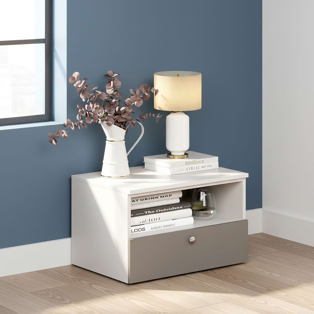 Noptiera ARONA 60, 1 sertar, Alb Portelan, Gri Piatra