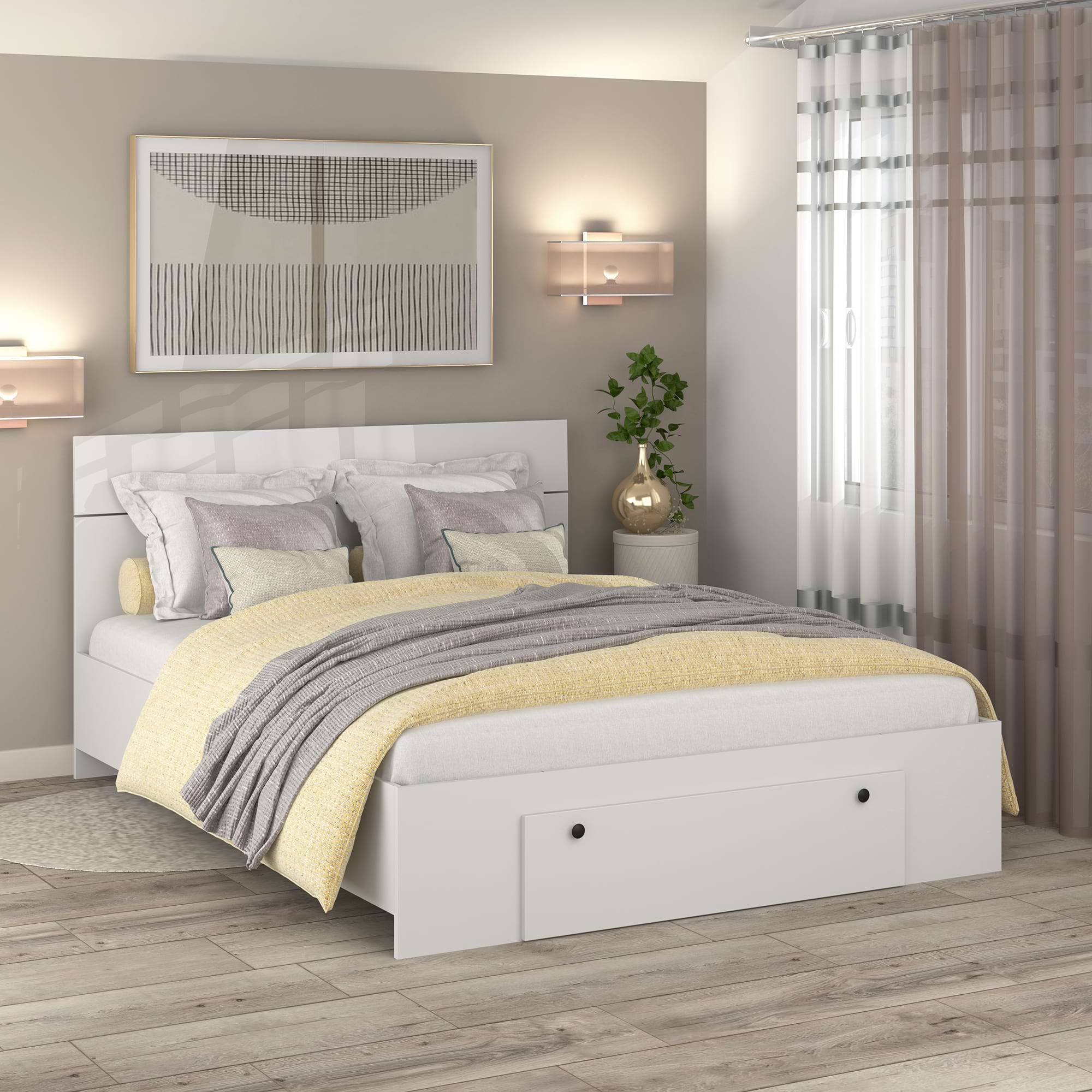 Pat AMBRO, 140x200, sertar frontal, Alb cu saltea inclusa