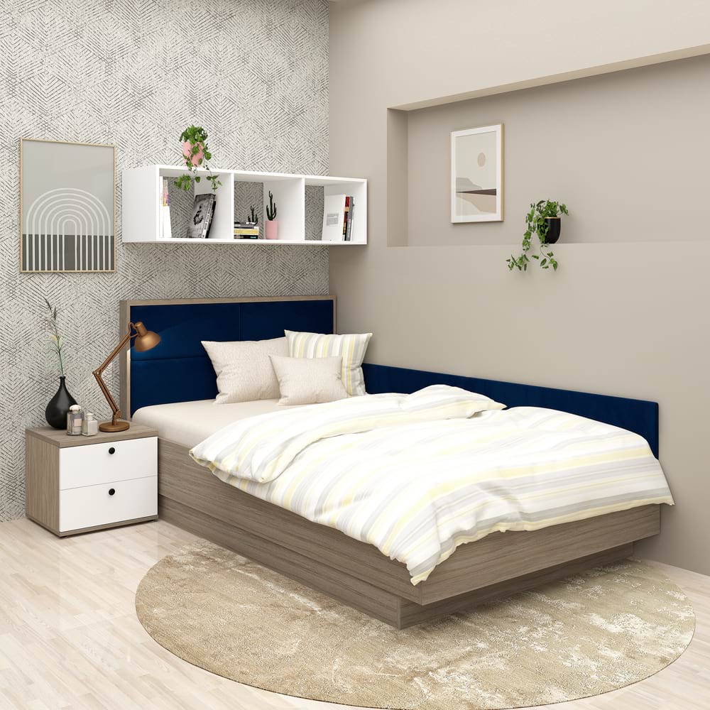 Oferta Pat copii de colt PRIMAVERA, Oak, Catifea Albastra cu saltea inclusa