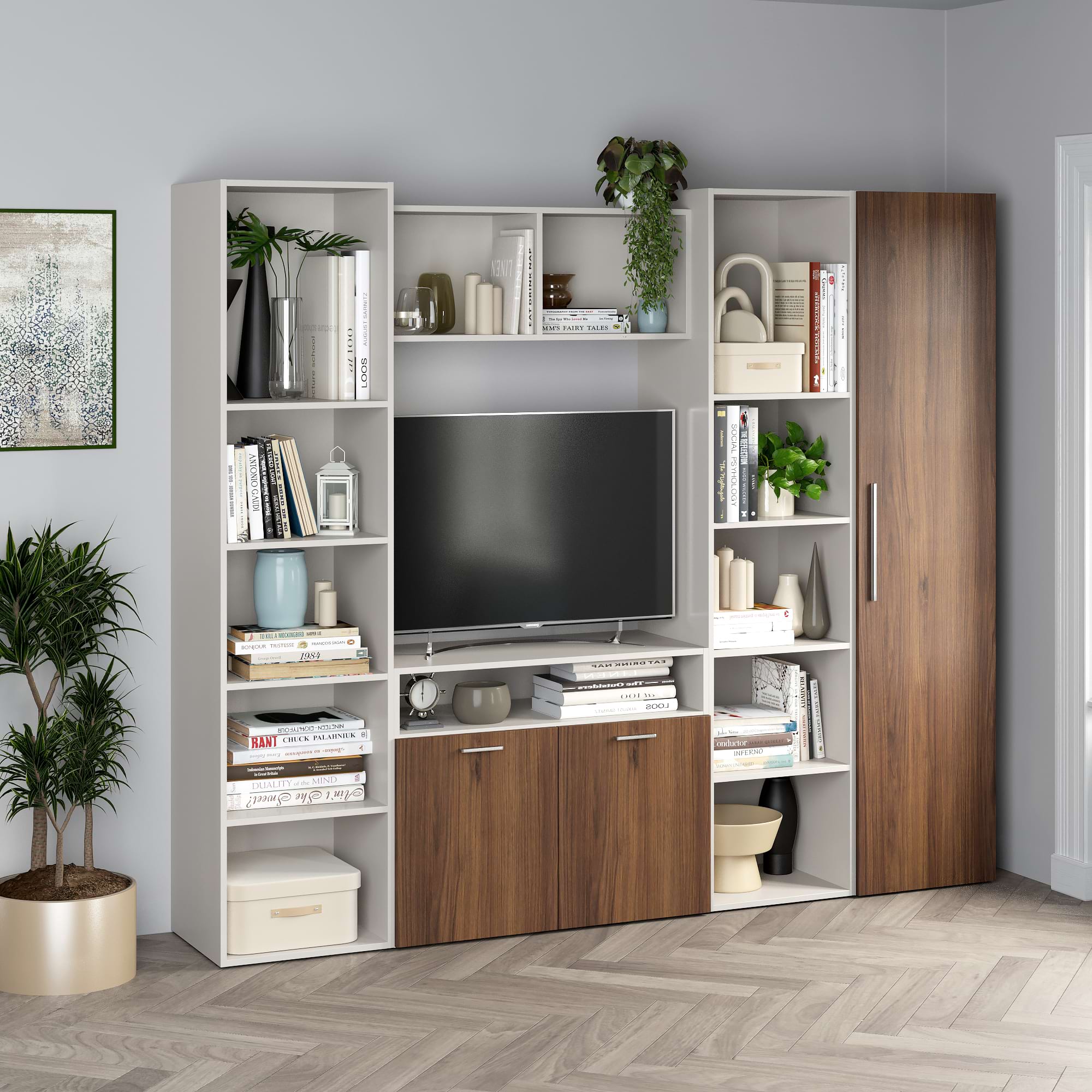 Biblioteca Living ARONA A 225, A42, H195, 3U, Alb Portelan, Nuc Warmia