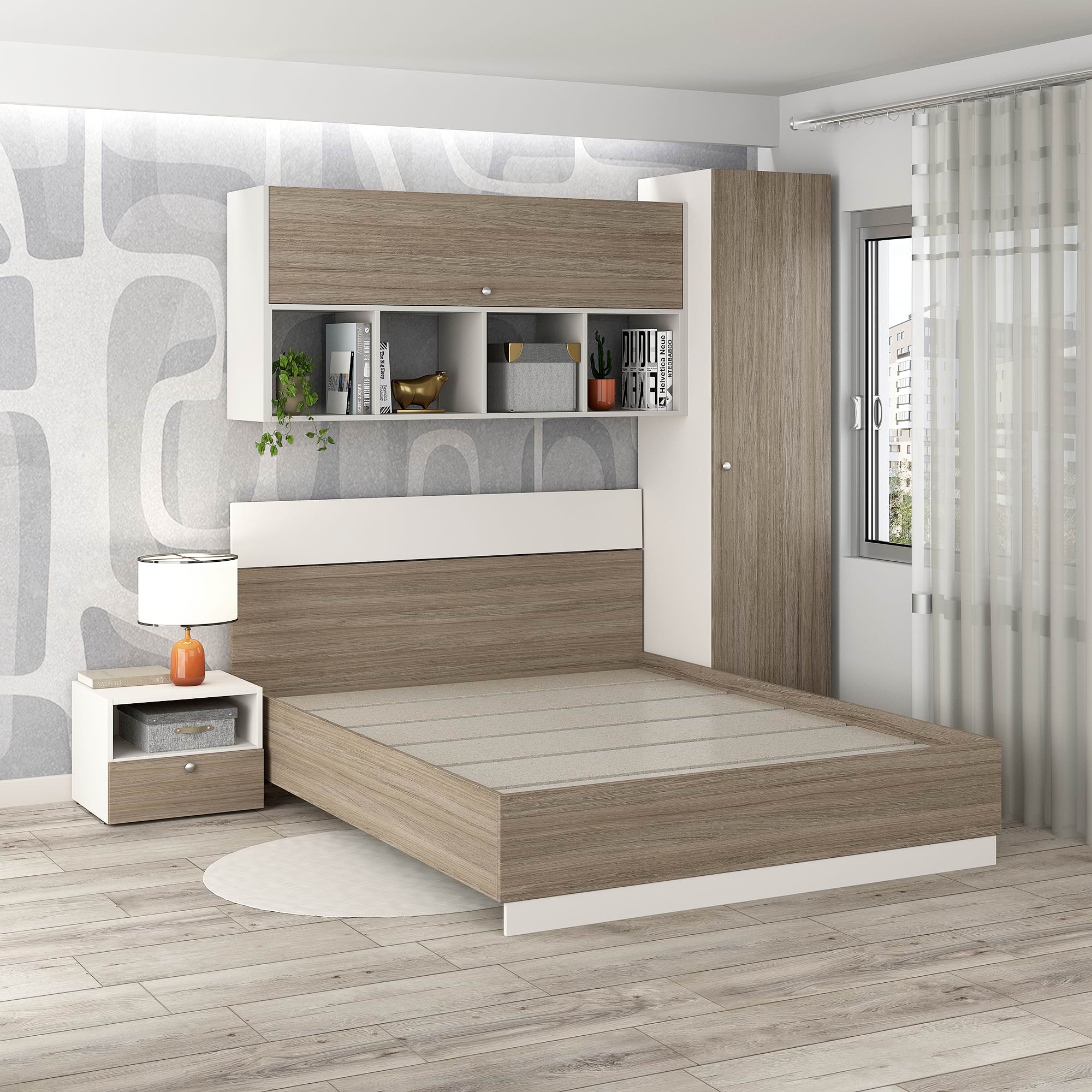 Oferta Dormitor ARONA 2, pat matrimonial, Alb Portelan, Oak cu saltea inclusa