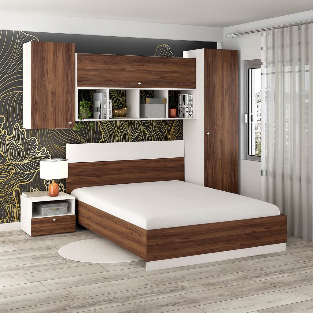 Oferta Dormitor ARONA 3, pat matrimonial, Alb Portelan, Nuc Warmia cu saltea inclusa