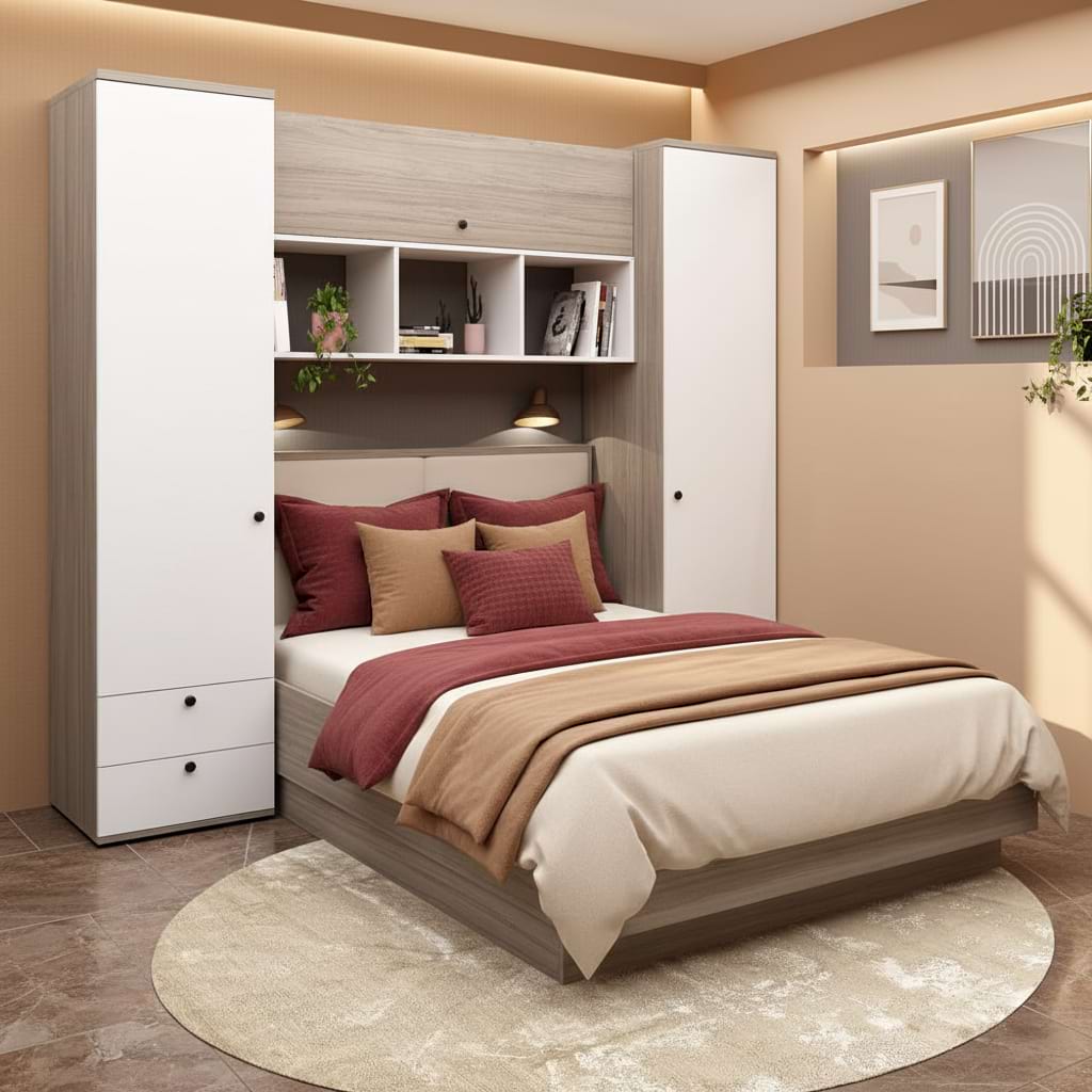 Dormitor RIALTO 1, pat incadrat, Oak, Alb, Catifea Bej