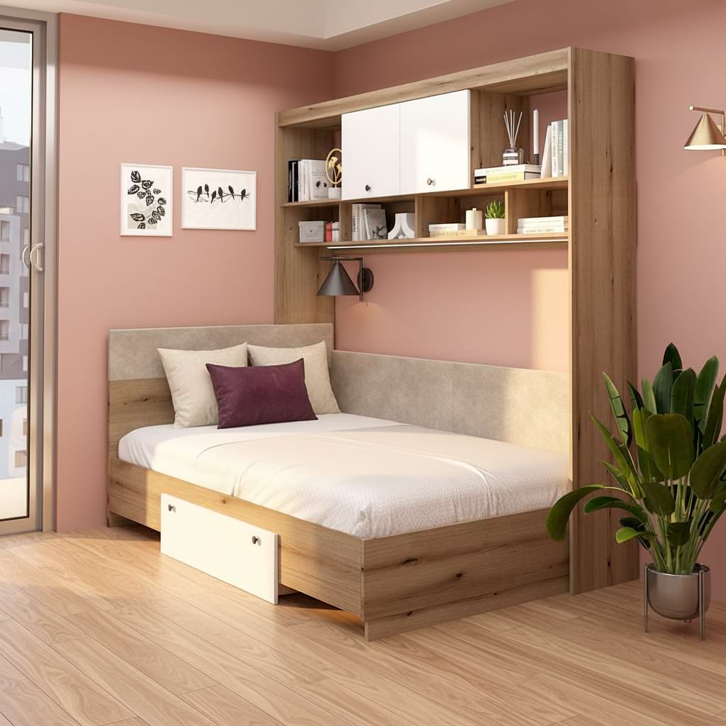 Dormitor colt AMBRO 6, Stejar, Alb, scena