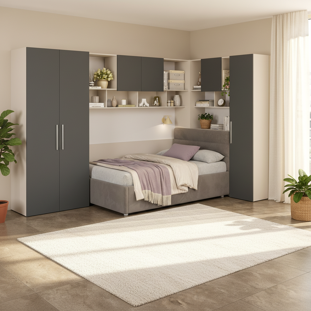 Dormitor colt cu pat tapitat ARONA 20, Alb Portelan, Antracit, Catifea Grej R91