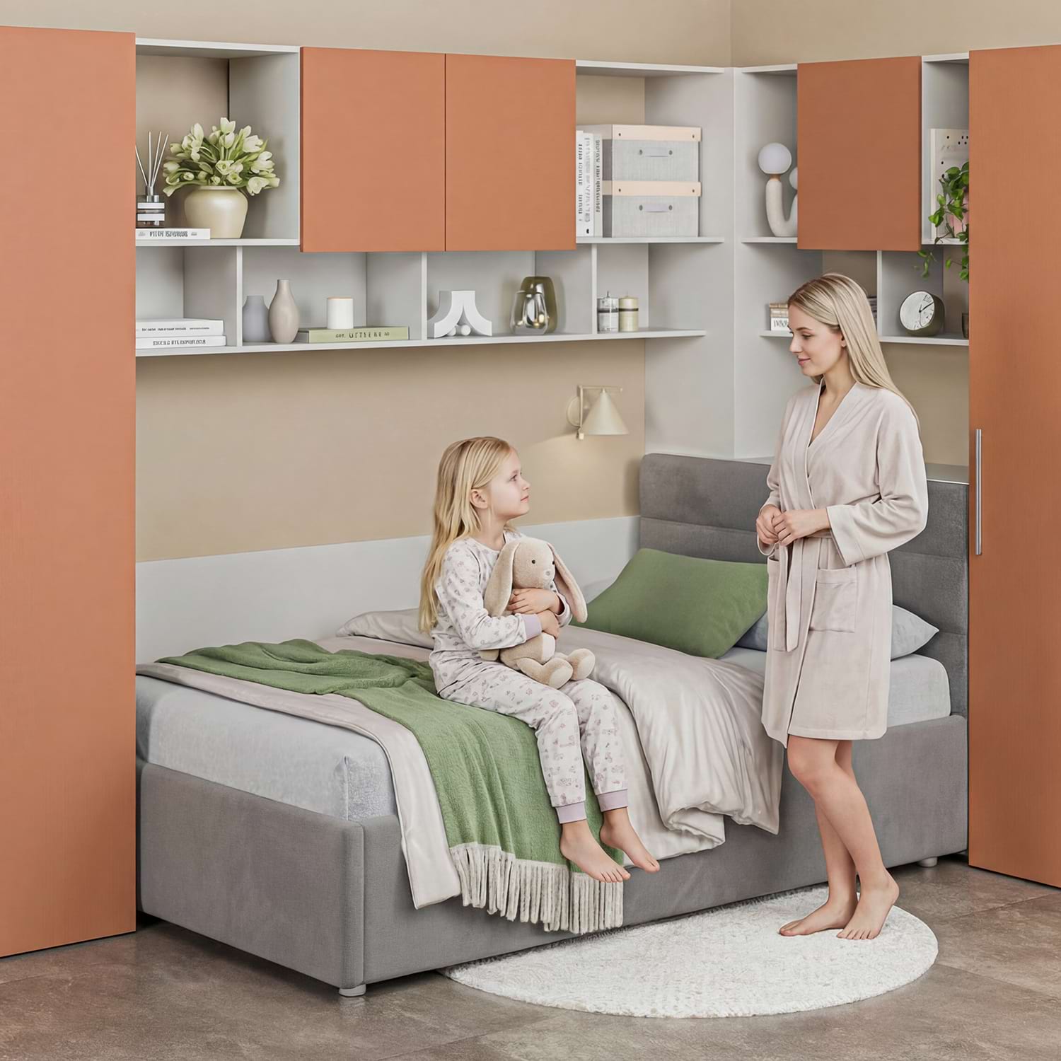 Dormitor colt cu pat tapitat ARONA 20, Alb Portelan, Caramel, Catifea Grej R91