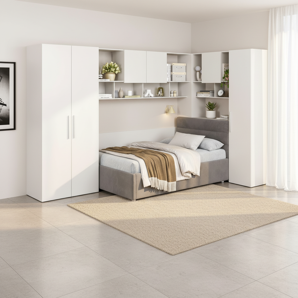 Dormitor colt cu pat tapitat ARONA 20, Alb Portelan, catifea Grej R91