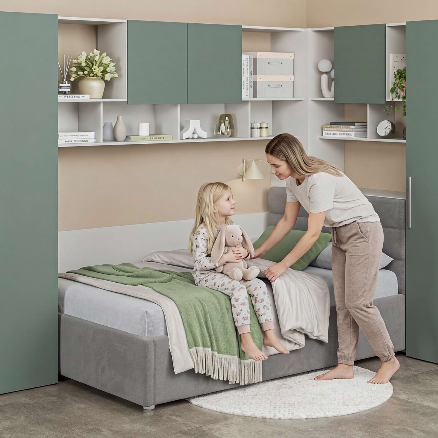 Dormitor colt cu pat tapitat ARONA 20, Alb Portelan, Verde Eucalipt, Catifea Grej R91