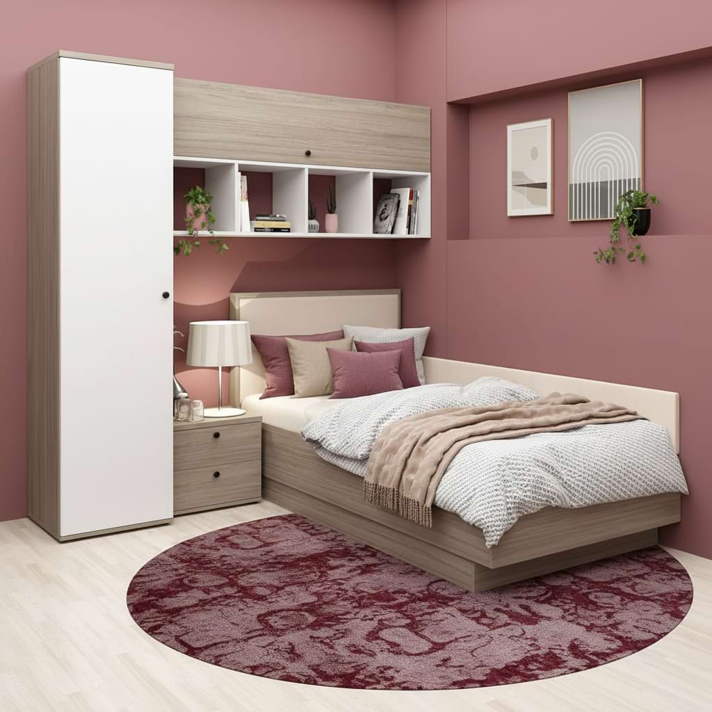 Dormitor copii pe colt RIALTO 2, Oak, Alb, Catifea Bej