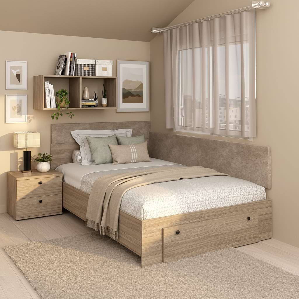 Pat colt de o persoana AMBRO fara saltea, 120x200, sertar frontal, Oak