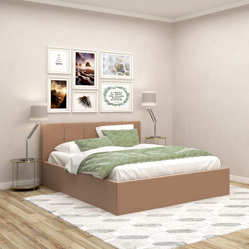 Pat tapitat SERENA 140x200, cu suport saltea fix, piele eco Cappuccino