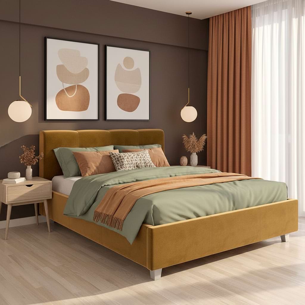 Pat tapitat ARISA, 140x200, suport saltea, catifea Galben Mustar