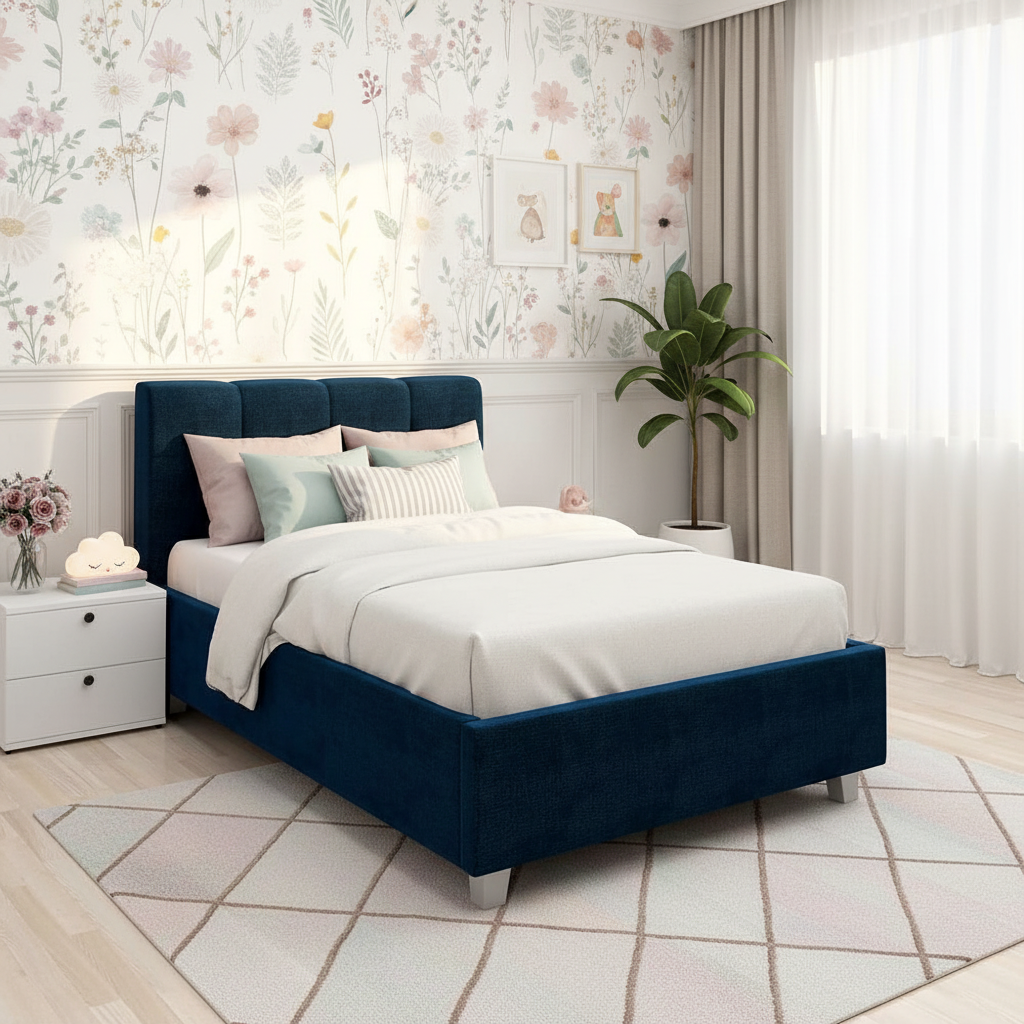 Pat tapitat de o persoana ARISA, 120x200, suport saltea, catifea Albastra