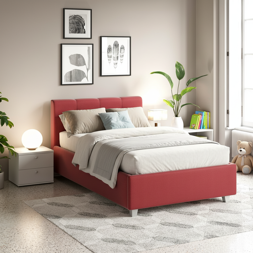 Pat tapitat copii ARISA, 90x200, suport saltea, stofa Rosie