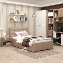Dormitor copii MODUS 1, pat tapitat, noptiera, ansamblu birou, Oak, Alb, Capuccino Gloss