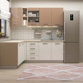 Mobila bucatarie pe colt STYLE 200x160, Vizon, MDF Alb Gloss, MDF Cappuccino Gloss