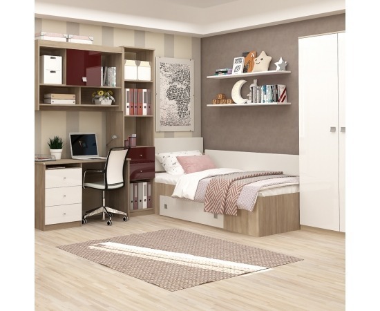 Dormitor copii MODUS 2, pat de colt, ansamblu birou, Oak, Alb, Bordo Gloss