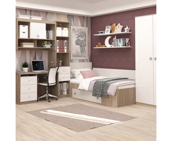 Dormitor copii MODUS 2, pat de colt, ansamblu birou, Oak, Alb Gloss