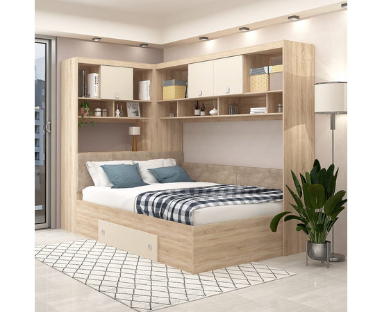 Dormitor colt ALESSIO, configuratia ALE1, Sonoma, Vizon, piele texturata Bej