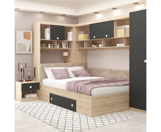 Dormitor colt ALESSIO, configuratia ALE3, Sonoma, Antracit, piele texturata Bej