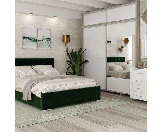 Dormitor MATERA, configuratia MAT4, Oak, Alb Gloss, catifea Verde, complet