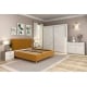 Dormitor MONTELLO 1, Oak, Alb Gloss, pat tapitat catifea Galben Mustar, suport saltea